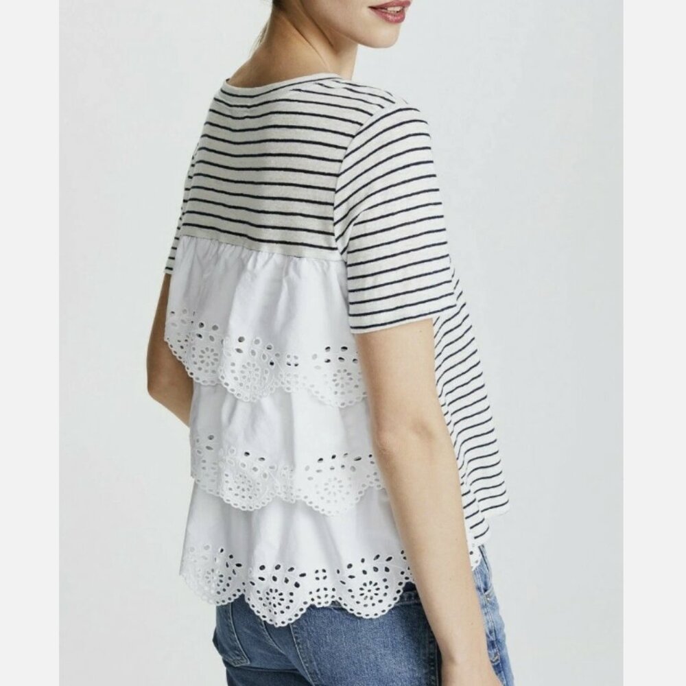 Joie Mikiyo Eyelet Striped Lace Scallop Tiered Back Linen Boho Top Medium